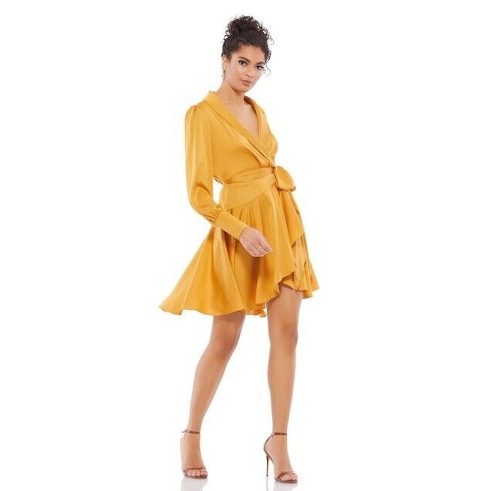 NWT Mac Duggal Satin Wrap Mini Dress Long Sleeve High Low Skirt Marigold Size 0